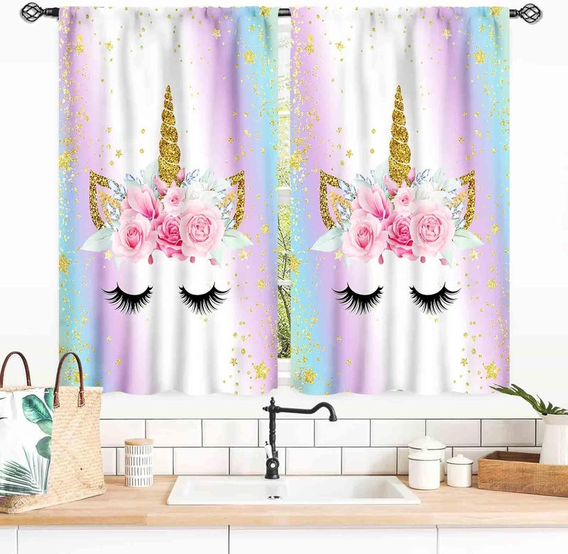 TKUYO Unicorn Curtains for Girls Bedroom, Ombre Rainbow Pink Gold Princess Unicorn Colorful Blackout Drpaes for Girls Kids Baby Room Living Room Nursery Window Treatments 2 Panels Sets, 55x39 Inch - Image 1